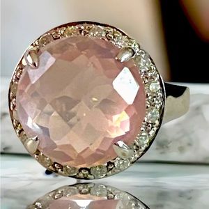 EXQUISITE Estate 18k White Gold 6.32 CTW Checkerboard Rose Quartz Halo Ring 5.5